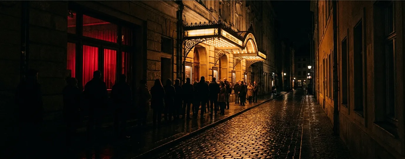Casa de show europeia em noite chuvosa