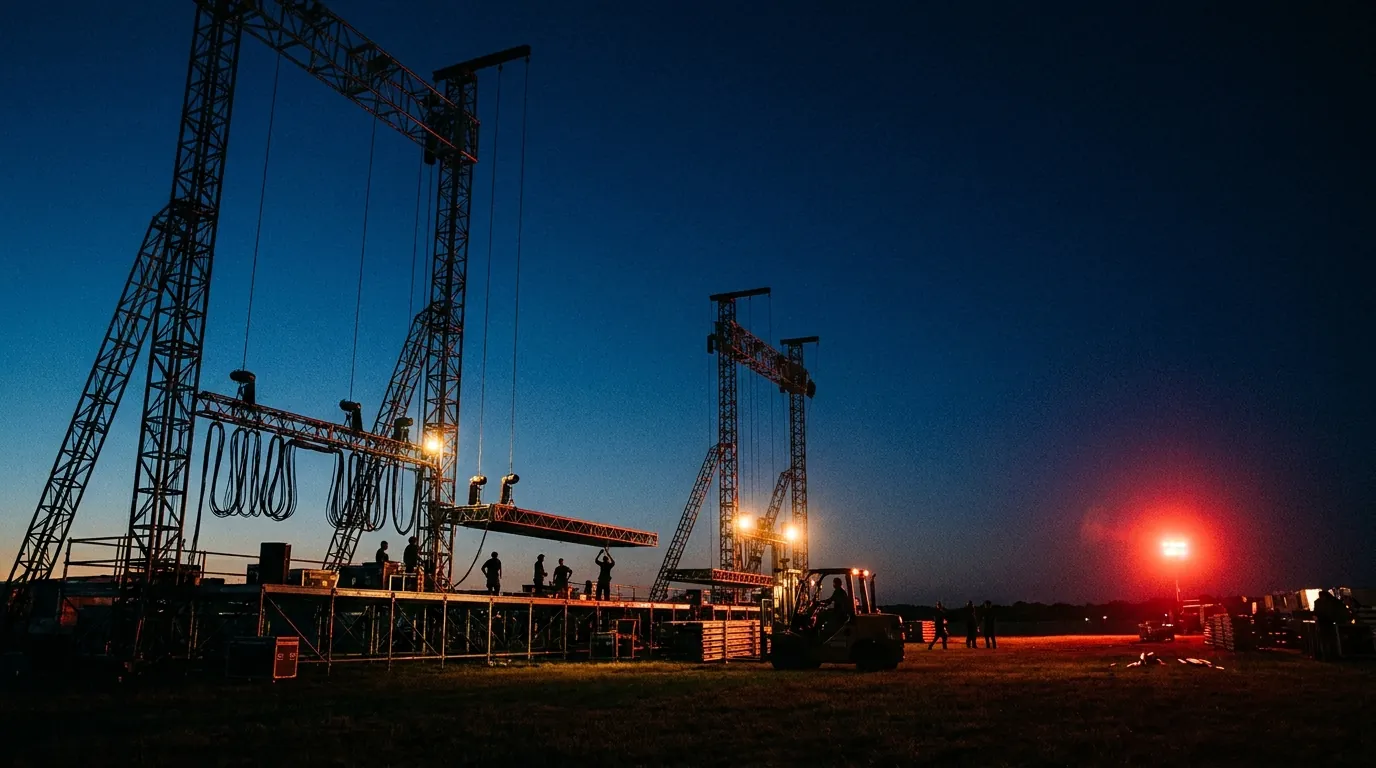 Estrutura de palco sendo montada ao crepúsculo